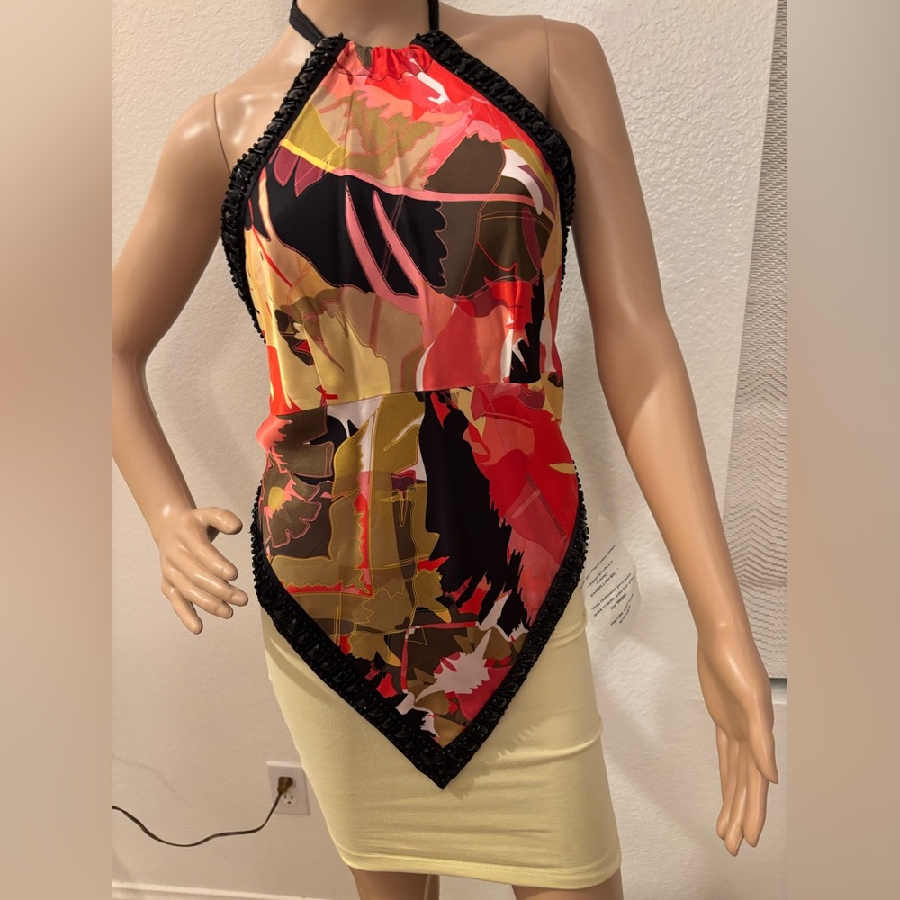 Bebe ✨Asymmetrical Multicolor Stunning Halter Silk tie top, black bead trim- NWT
